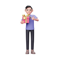 Casual male 3d character illustration hugging valentine gift and giving thumbs up, 3d valentine's day concept