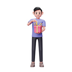 Casual male 3d character illustration pulling ribbon opening valentine gift, 3d valentine's day concept