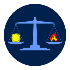 The sun and fire on the scales of justice. Vector editable.