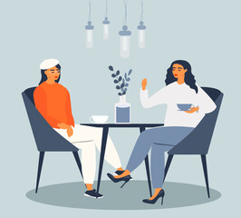vector flat style illustration - two young women are talking in a cafe and drinking coffee. trendy illustration for websites, magazines, applications