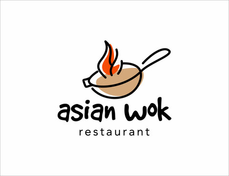 Wok Logo For Thai Or Chinese Restaurant Stir Fry With Edible Letters  Cooking Process Vector Illustration Flipping Asian Food In A Pan Over Fire  Cartoon Flat Style Stock Illustration - Download Image
