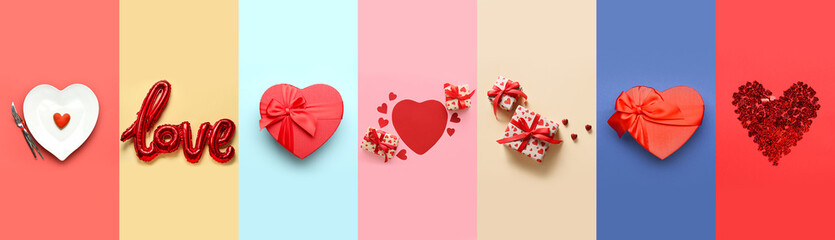 Festive collage for Valentine's Day celebration on color background - obrazy, fototapety, plakaty