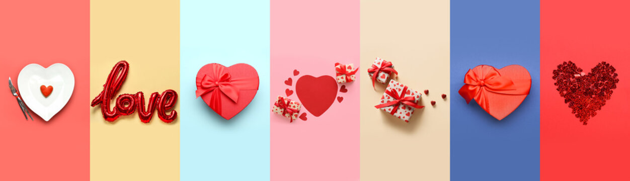 Festive collage for Valentine's Day celebration on color background
