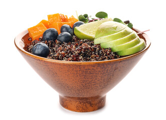 Healthy quinoa bowl with fruits on white background