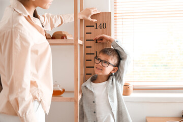 Little boy measuring height and his older sister at home
