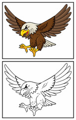 Coloring book cute eagle. Coloring page and colorful clipart character. Vector cartoon illustration.