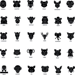 Animal Head flat vector black and white icon collection set