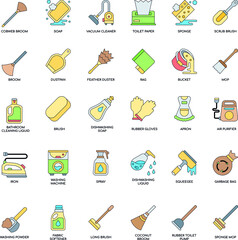 Cleaning elements color flat vector icon collection set