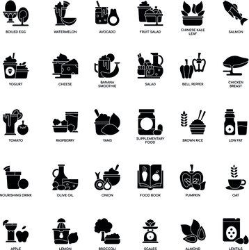 Healthy Food flat vector outline black and white icon collection set