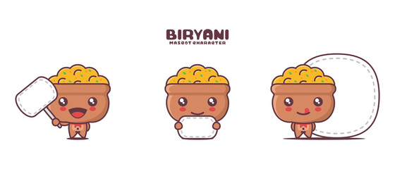 vector biryani cartoon mascot, traditional indian food illustration, with blank board banner