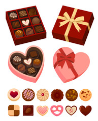 Vector illustration set of chocolates in a box and various other sweets.