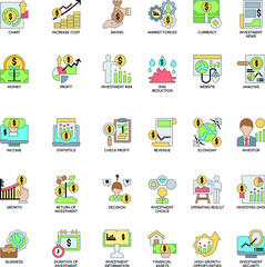 Investment flat vector icon color collection set
