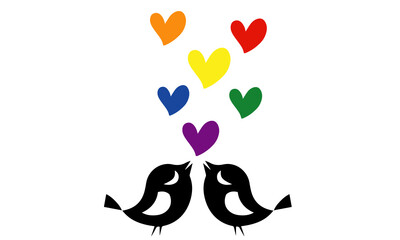 Couple of birds in love, lgbt hearts