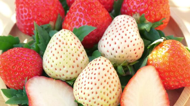 Fresh strawberries in a wooden basket on wooden background, Red Strawberries and white strawberries Pine berry or Hula strawberry in Bamboo basket.