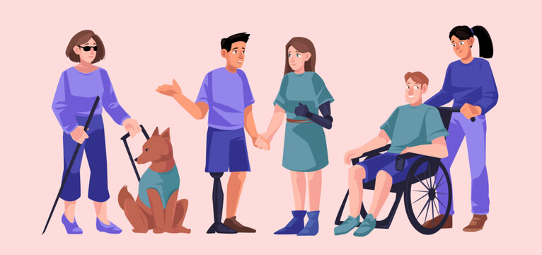 Diverse handicap people group, disability concept. Disabled character on wheelchair, man and woman with bionic hand or leg prosthesis, blind girl with stick and guide dog, Cartoon vector illustration