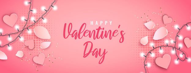 Fototapeta na wymiar Romantic composition of hearts, garland and petals on a pink background . Vector horizontal illustration for greeting card, website , posters,ads, flyers and other promotional material.
