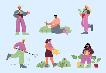 Fototapeta premium Gardening or farm works. Men and women planting and caring of sprouts and plants, raking ground, watering and fertilize flowers. Characters working in summer garden, Line art flat vector illustration