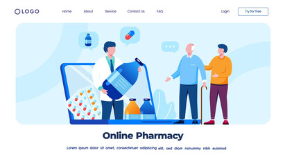 Online pharmacy with laptop easy order and virtual consultation with doctor. flat vector illustration fit for flyer, banner and landing page