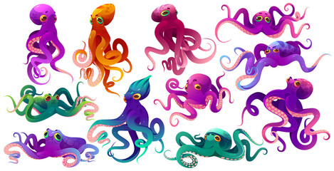 Cute color octopuses, sea animals with tentacles. Vector cartoon set of ocean invertebrates, marine animals, squid or kraken with suckers on hands. Funny octopuses isolated on white background © klyaksun