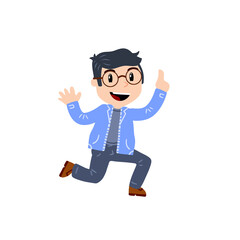Little boy with glasses runs around. Happy smart child waves his hands. Cute Character in blue clothes. Flat cartoon