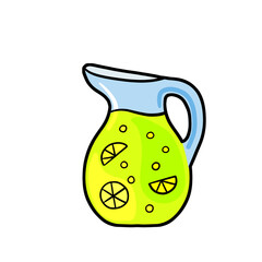 Lemonade in jug. Summer refreshing drink in glass jar. Yellow liquid with lemon. Outline cartoon illustration