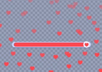 Line of sliders for determining the level of approval. Movable simple buttons with red hearts, appreciating lively like. Element template for head on social media, mobile app, feedback swipe