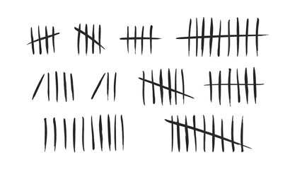 Tally marks set on white background. Collection of black hash marks signs of prison wall, jail or desert island lost day tally numbers counting. Chalk drawn sticks lines counter. Vector illustration - obrazy, fototapety, plakaty