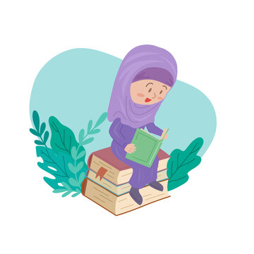 Vector illustration of a reading muslim girl in paranja sitting on a stack of books with plants. Education for everyone. Flat hand drawn cartoon style.