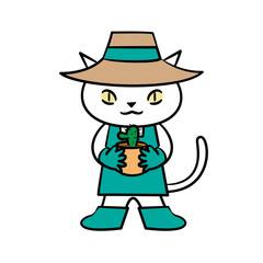 猫　白猫　ガーデニング　エプロン　植物　イラスト素材