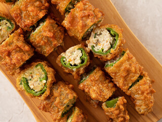 Close-up of minced meat and vegetables with fried chili pepper stuffing