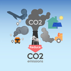 Infographic design of ways to reduce CO2 emissions. Renewable energy transition. Efficient travel and transportation management. Vector illustration outline flat design style.