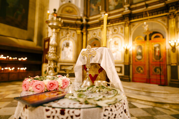 Table with a crucifix in front of the altar in the Church of St. Sava in Tivat. Montenegro