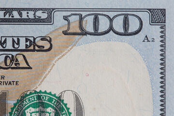100 dollar macro. top right corner of banknotes dollar - 480096126
