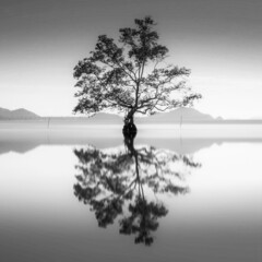 Beautiful scenery of a lone mangrove tree in black and white
