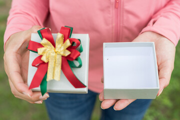 Hands female holding a gift wrapped with ribbon. Shallow depth of field with focus on the box. Hand woman giving a gift box in park for Birthday, Christmas, New year, Valentine's, Graduate, Celebrate.