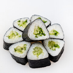 vegan sushi on the white background, top view