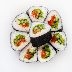 vegan sushi on the white background, top view