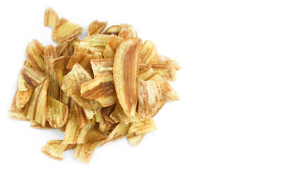 Asian caltivated banana or pisang awak banana cracker ro banana chips on white background, soft and selective focus.