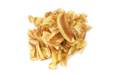 Asian caltivated banana or pisang awak banana cracker ro banana chips on white background, soft and selective focus.