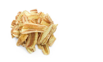Asian caltivated banana or pisang awak banana cracker ro banana chips on white background, soft and selective focus.