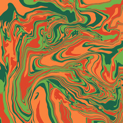 Fluid art texture. Abstract background with swirling paint effect. Liquid acrylic picture that flows and splashes. Mixed paints for interior poster. Orange, green and yellow overflowing colors