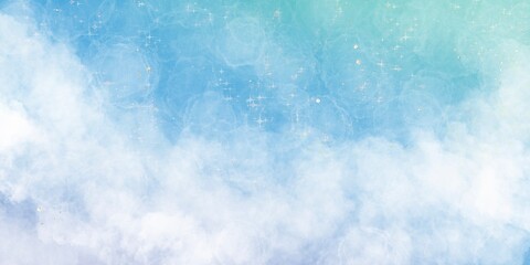 幻想的な背景バナー）水色からエメラルドグリーンのグラデーションの空　雲　青空　グリッター　夢