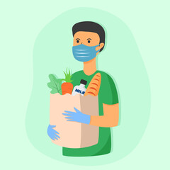 Man in mask with paper bag grocery