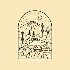 design of nature, mountains, lake, rock, wildlife in mono line art, patch badge design, emblem design, T-Shirt Design