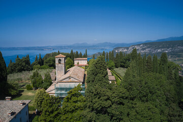Aerial view of Eremo di San Giorgio, Bardolino. Aerial panorama Monastery on the hill. Home of...