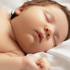 A Baby girl with Smily Face During Sleep. Little baby girl sleeping on white blanket. Beautiful portrait of little child girl 14 days, two weeks old. Motherhood