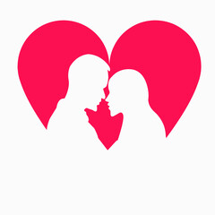 Pink heart shape, silhouette concept of dating couple ready to kiss