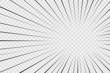 Manga radial lines. Comic speed effect. Cartoon splash frame on transparent background. Superhero banner with rays. Anime motion zoom. Crash explosion bang pattern. Vector illustration