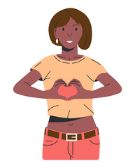 Woman Show Love Hand Gesture. Smiling Girl Crosses Two Hands in the Shape of Heart. Hand Fold Into Heart Symbol by Female Character in Casual Outfit. Woman in Jeans and Top. Flat Vector Illustration