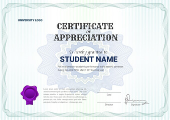 Certificate or diploma template with guilloche style in vector illustration.